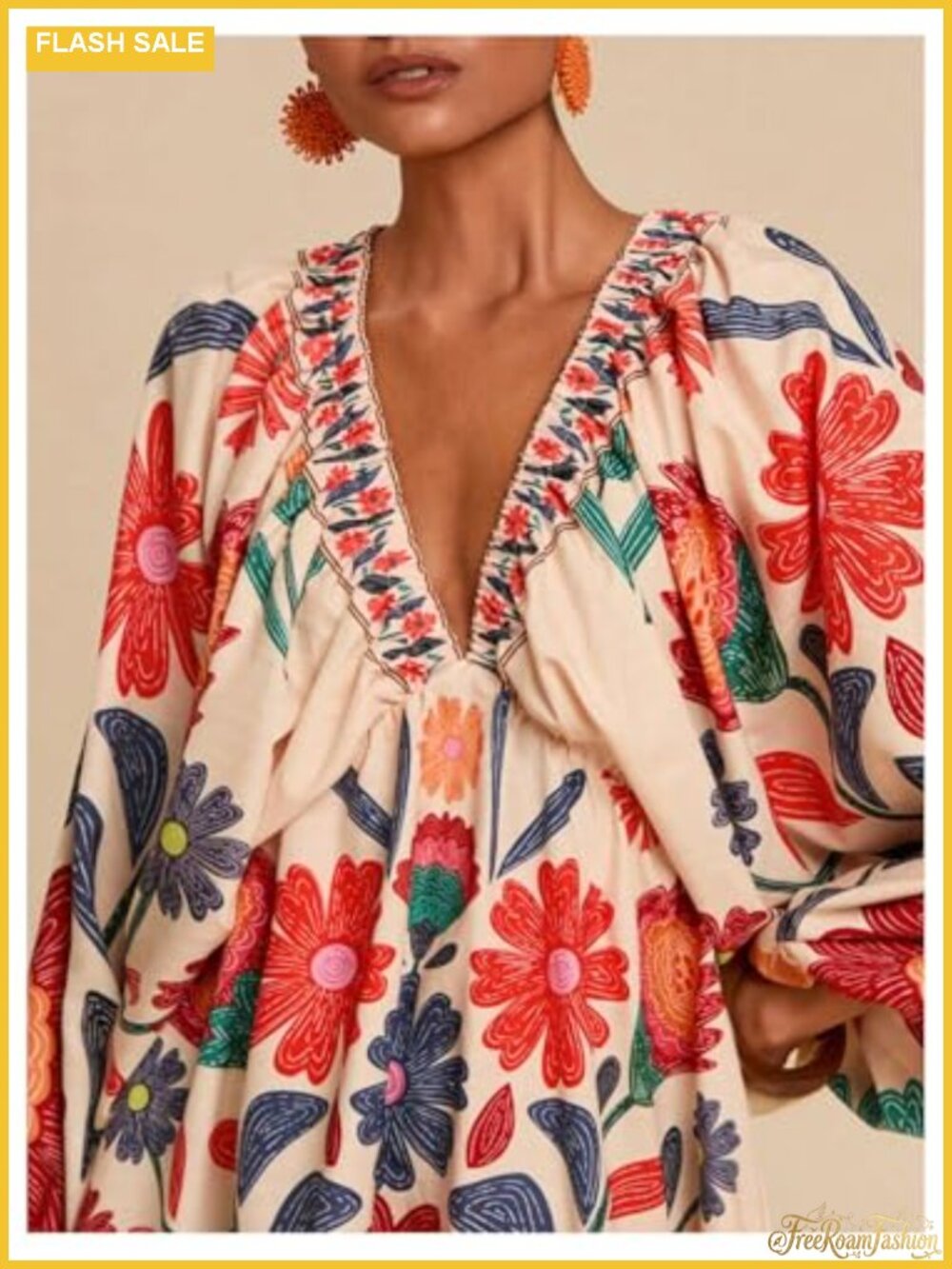 Boho Floral V Neck Mini Dress Bishop Sleeve Tie Back Shift Dress - Picture 3 of 4